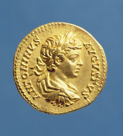 Aureus (Vorderseite) mit Kopf von Caracalla (196-217), gepanzert, mit Lorbeerkranz. Geprägt unter Septimius Severus (193-211). Inschrift: ANTONINVS AVGUSTVS von Roman
